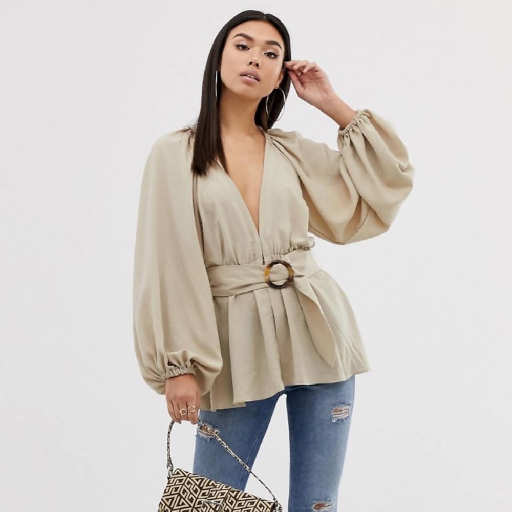 Longsleeve plunge top with kimono sleeves and belt